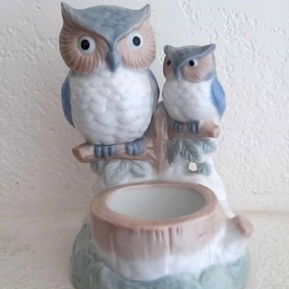 Blue Owls On Branch Tealight Holder